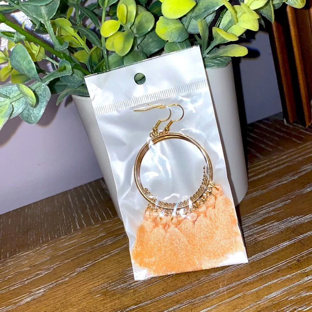 Boho Tassel Earrings Peach Gold Hook Style NEW In Package